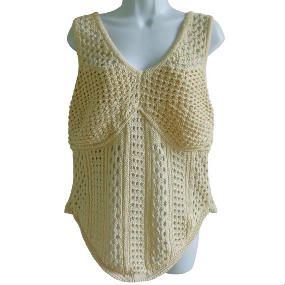 Y2K Open Crochet Ecru Tank Top Lined Bust V Neck Longer Front Curved Hem XL - Picture 4 of 5